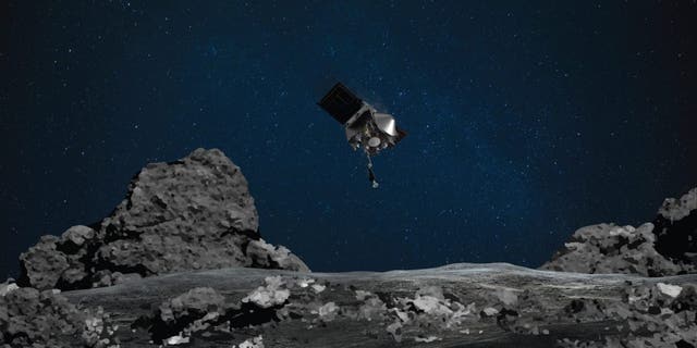 This illustration shows NASA’s OSIRIS-REx spacecraft descending towards asteroid Bennu to collect a sample of the asteroid’s surface. Credits: NASA/Goddard/University of Arizona