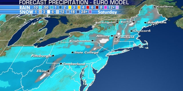 Measurable snow is also forecast due to the blast of cold air in the Northeast for Mother's Day Weekend.
