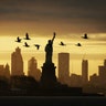 Geese fly past the Statue of Liberty as the sun rises in New York City, May 24, 2020.