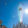 Italy’s aerobatic flight team Frecce Tricolori fly over Duomo Square as part of celebrations for the 74th anniversary of the proclamation of the Italian Republic, in Milan, Italy, May 25, 2020. 