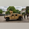 Minnesota National Guard soldiers patrol a street on May 29, 2020 in Minneapolis.