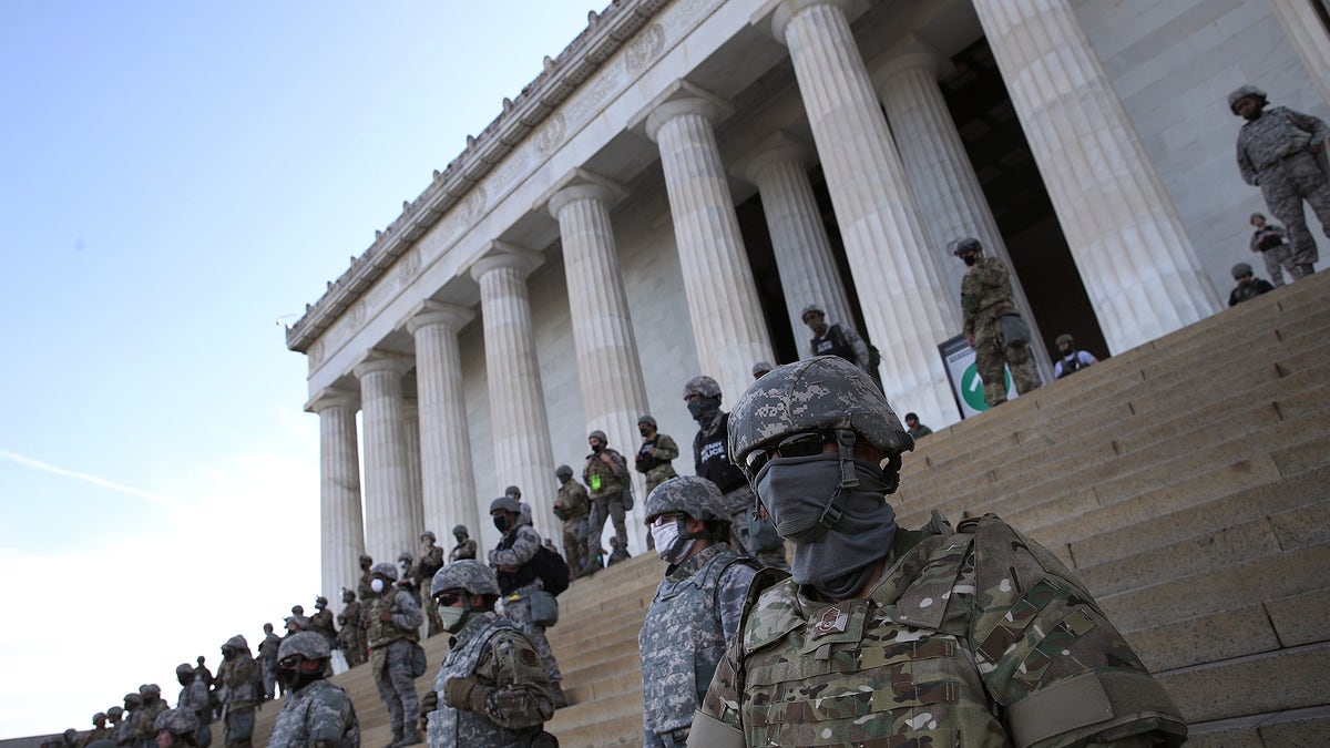 Members of the D.C. National Guard standing on the steps of the Lincoln Memorial on June 2 amid unrest over the death of George Floyd. (Win McNamee/Getty Images)