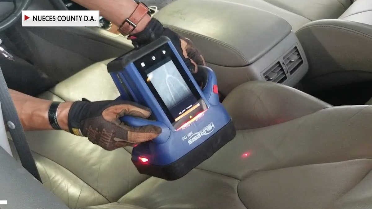 Viken's Handheld x-ray scanner the HBI-120 can be used on almost any surface including car seats, doors, and tires (Mike Tamez/ Nueces County District Attorney's Criminal Interdiction Unit).