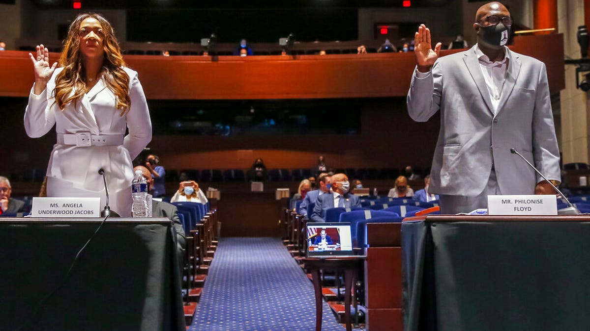 Angela Underwood Jacobs and Philonise Floyd, a brother of George Floyd, are sworn in during a House Judiciary Committee hearing. (Michael Reynolds/Pool via AP)
