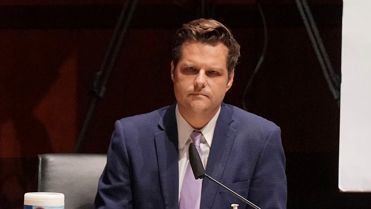 Rep. Matt Gaetz, R-Fla., puts up tweets as he asks questions during a House Judiciary Committee hearing on proposed changes to police practices and accountability on Capitol Hill, Wednesday, June 10, 2020, in Washington. (Greg Nash/Pool via AP)