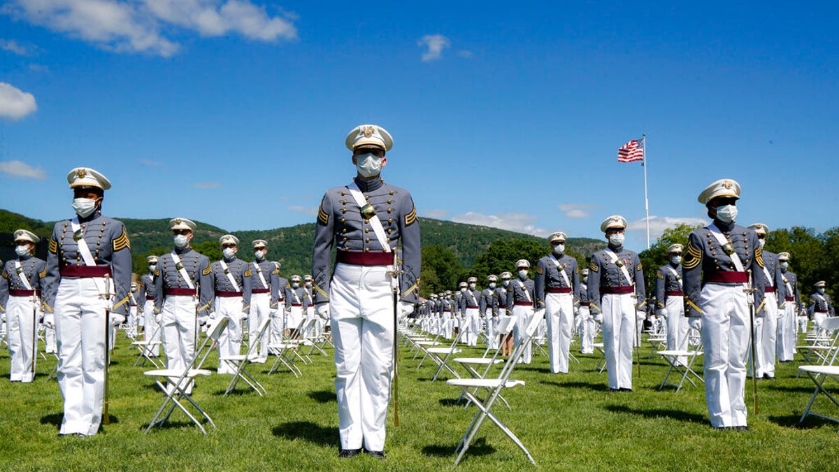 United States Military Academy graduating cadets gather during commencement ceremonies, Saturday, June 13, 2020, in West Point, N.Y. (AP Photo/John Minchillo, Pool)