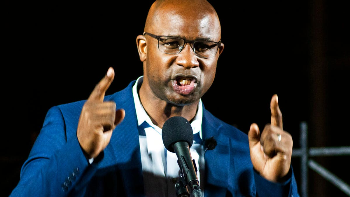 Jamaal Bowman, who is running against Rep. Eliot Engel, D-N.Y., speaks during his primary-night party Tuesday, June. 23, 2020, in New York. (AP Photo/Eduardo Munoz Alvarez)