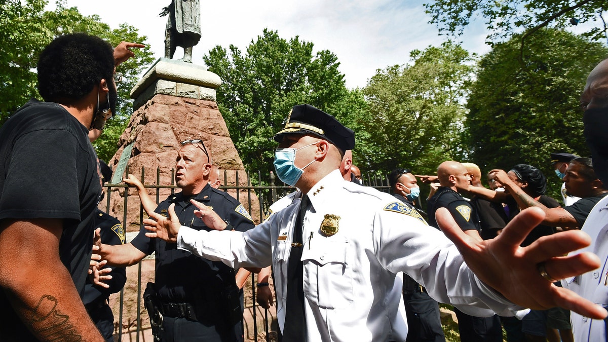 The statue of Christopher Columbus was removed from Wooster Square Park, in New Haven, Conn. Wednesday, June 24, 2020. (Associated Press)