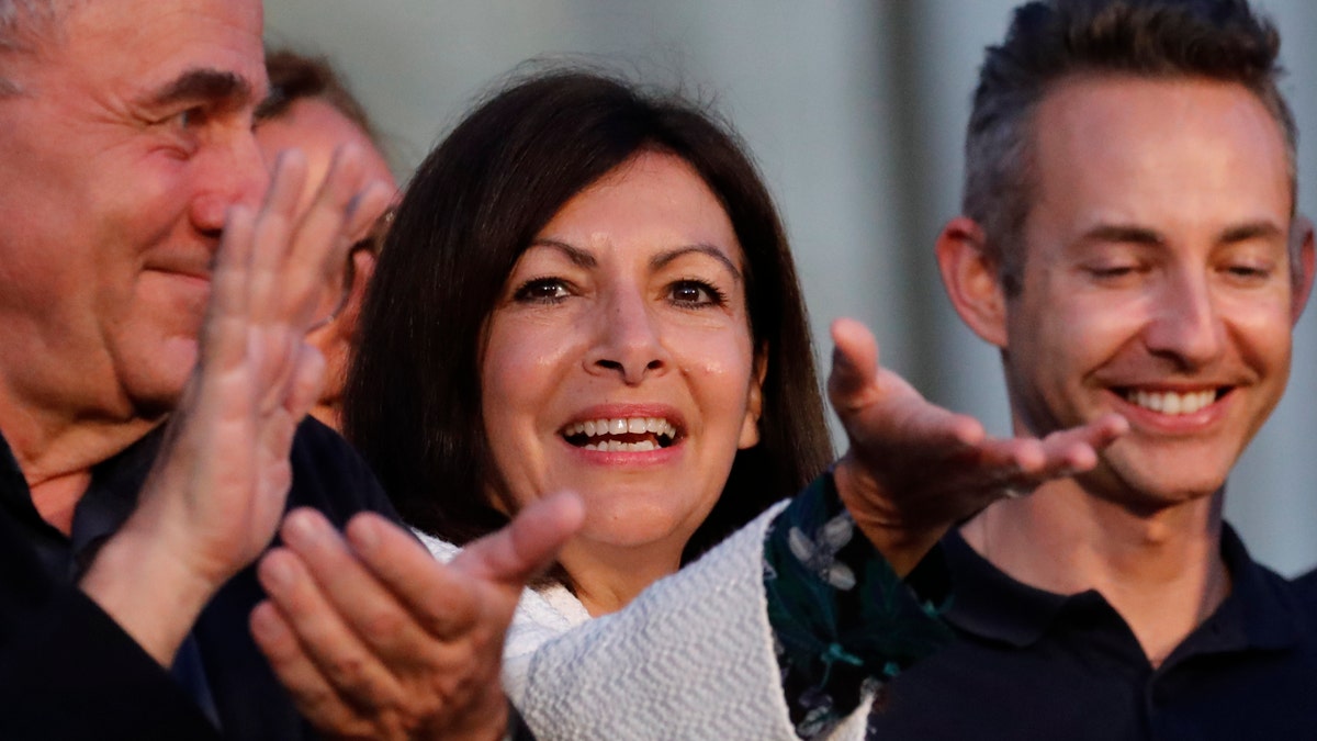 Paris Mayor Anne Hidalgo gesturing after her victorious second round of the municipal election Sunday.