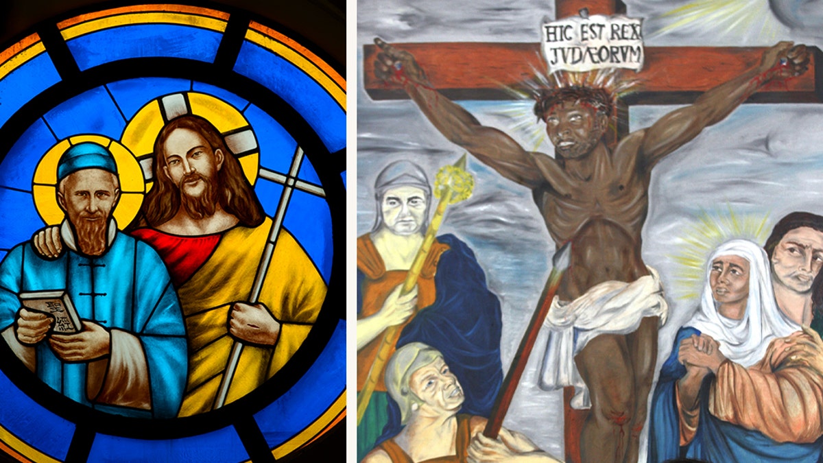 On the right, a stained glass window, produced in 2008, featuring Jesus and Saint Joseph Freinademetz. And on the left, Ronnie Harrison's painting "Black Christ,” first unveiled in 1962 in South Africa.