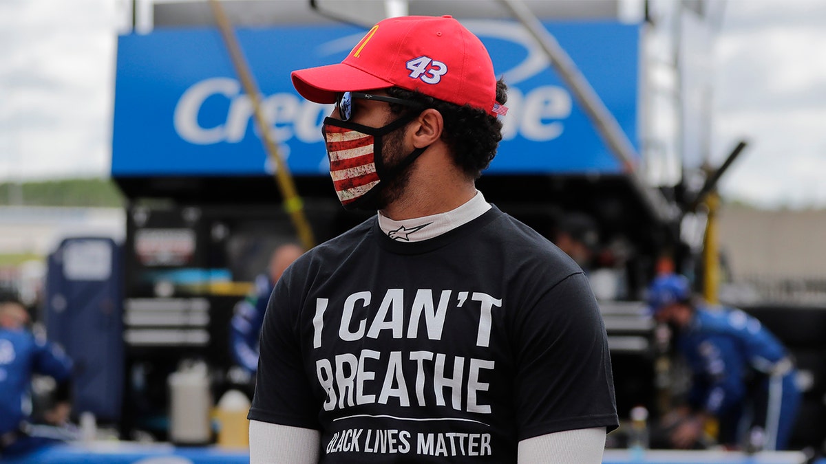 Bubba Wallace wearing an "I Can't Breathe-Black Lives Matter" shirt before a NASCAR Cup Series race at Atlanta Motor Speedway on June 7.