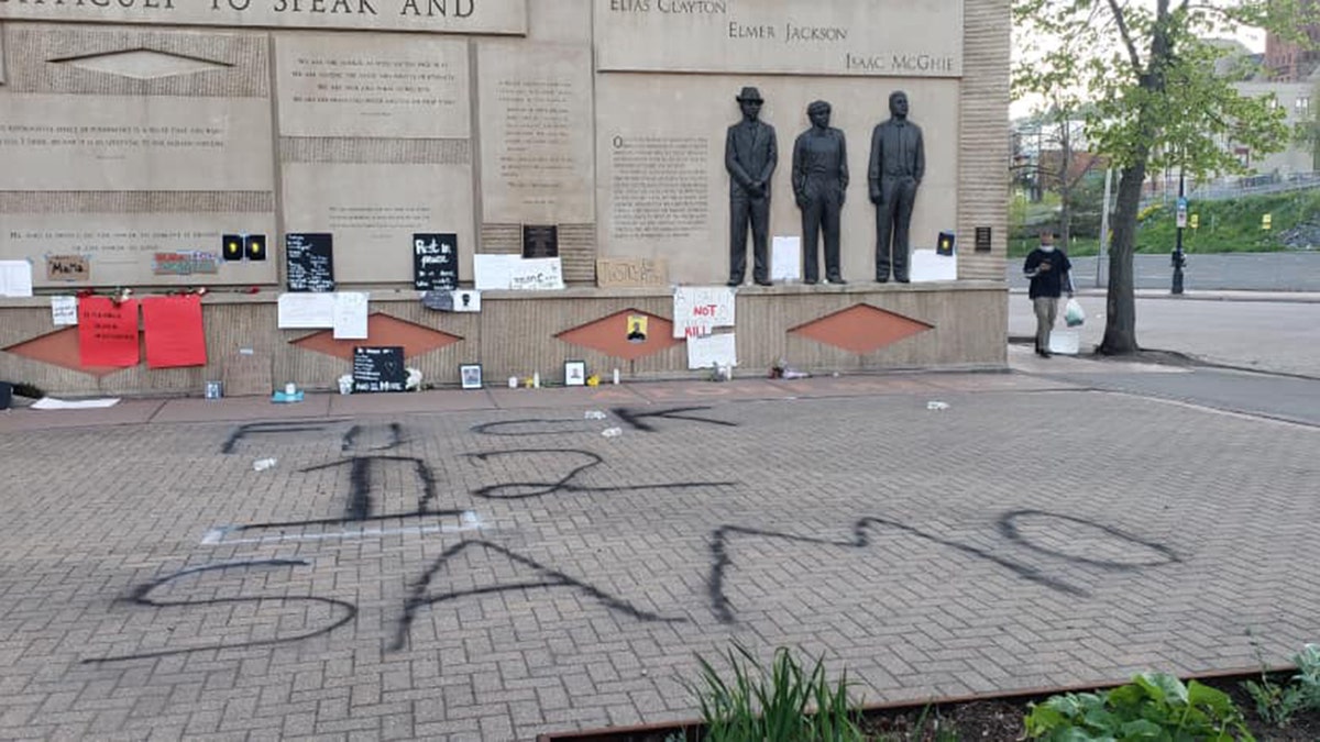 Clayton Jackson McGhie Memorial in Duluth, Minn., after it was vandalized during protests over the death of George Floyd.