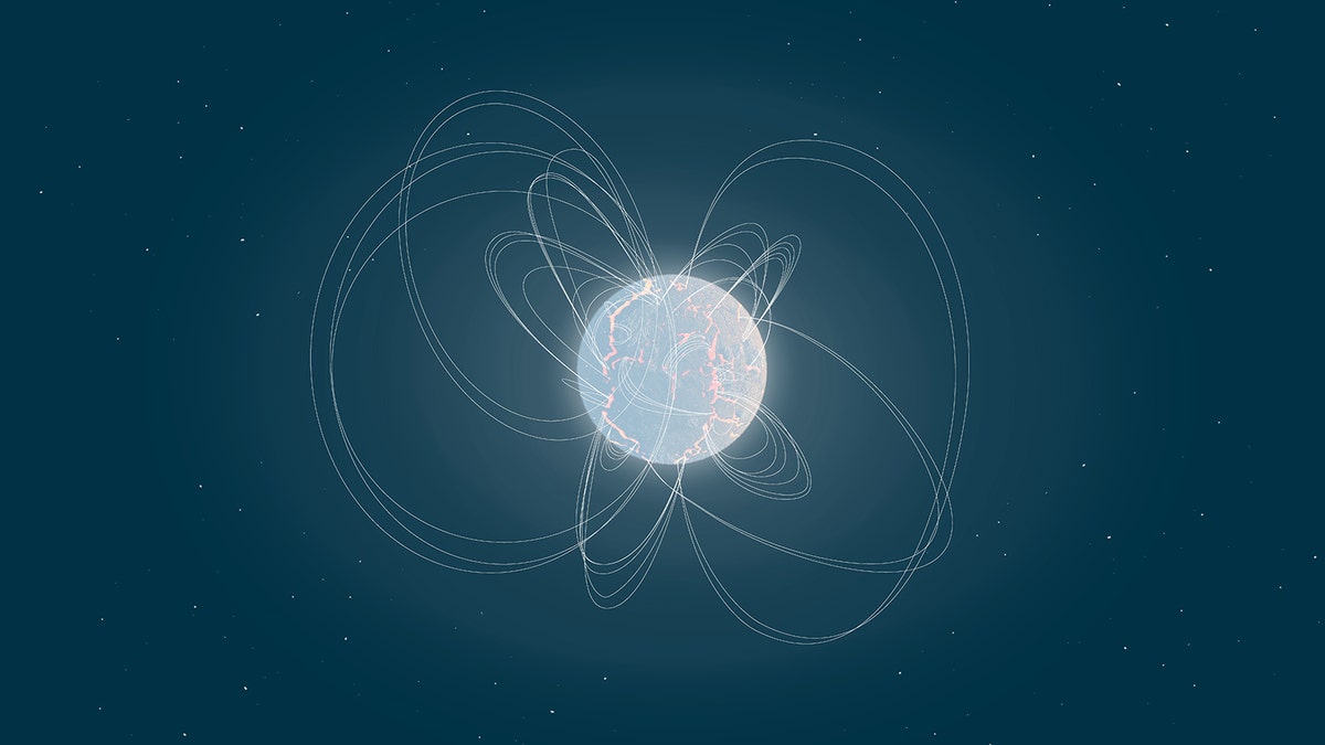 Illustration showing magnetic field lines protruding from a highly magnetic neutron star.