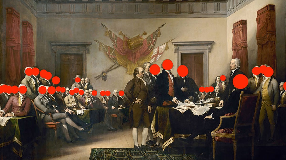Putting red dots over the faces of the slave-owning signers, Arlen Parsa, a Chicago-based documentary filmmaker, decolonized John Trumbull’s painting “Declaration of Independence,” which hangs in the rotunda of the U.S. Capitol.