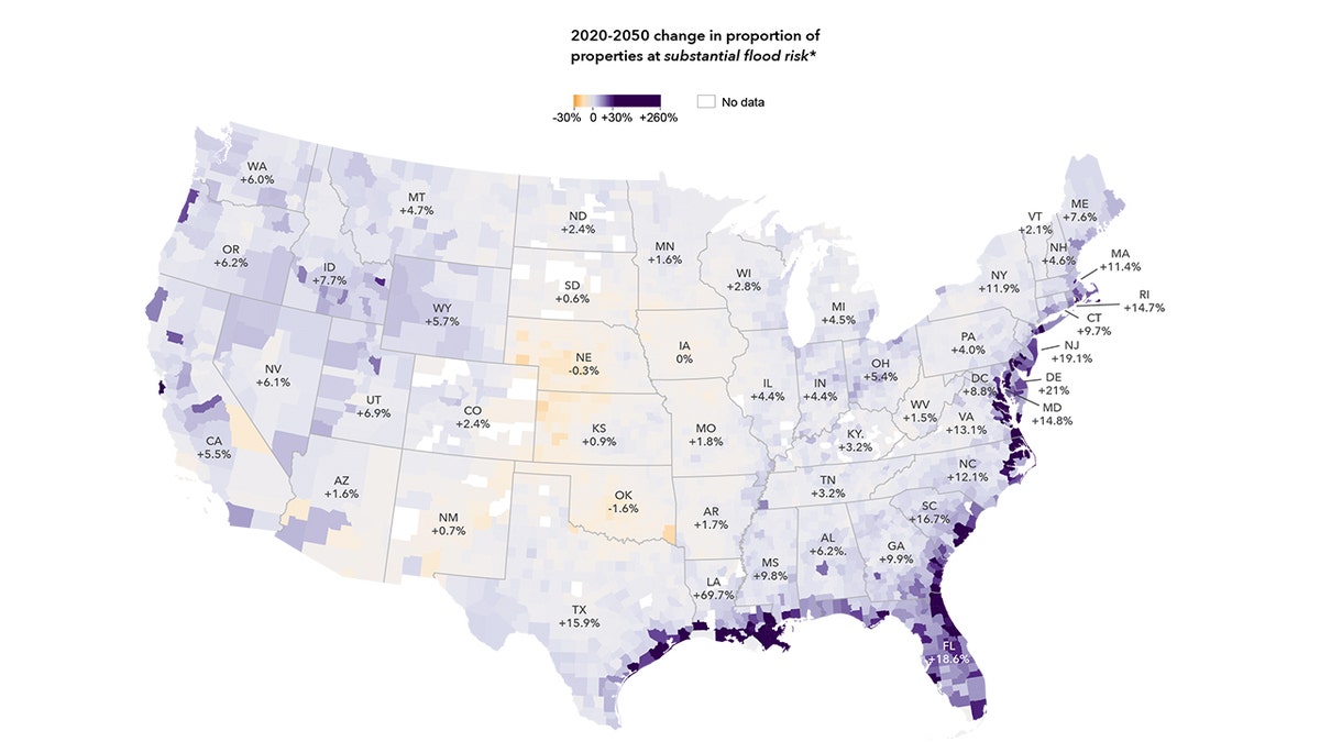 A national view of flood risks, according to Flood Factor's map.