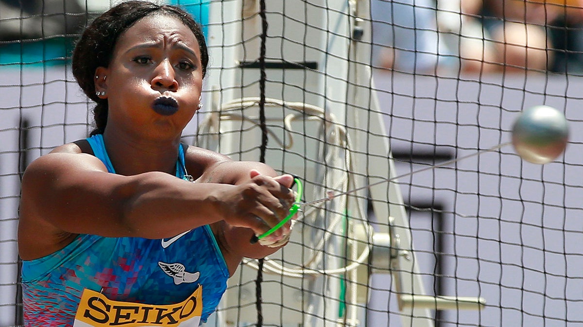 FILE - In this May 21, 2017, file photo, Gwen Berry, of the United States, competes in the women's hammer throw at the Golden Grand Prix athletics meet in Kawasaki, near Tokyo. (AP Photo/Shizuo Kambayashi, File)