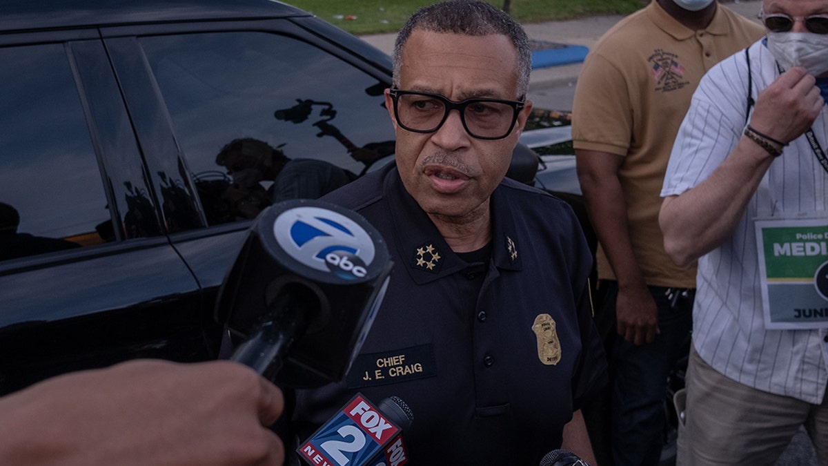 The Chief of Detroit Police James Craig speaks with the press about the protests taking place in Detroit, Michigan, June 3, 2020. (Photo by SETH HERALD / AFP) (Photo by SETH HERALD/AFP via Getty Images)