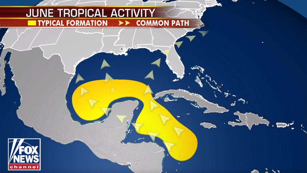 The area where tropical activity is likely in the month of June.