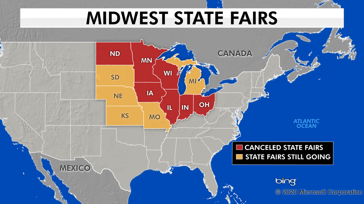 A map of Midwestern states that have opted to cancel their state fairs.
