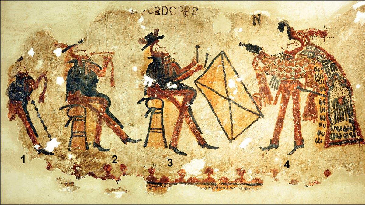 Part of the mural, featuring musicians dressed in European attire (three figures on the left) and a dancer in Maya dress (figure on the right)