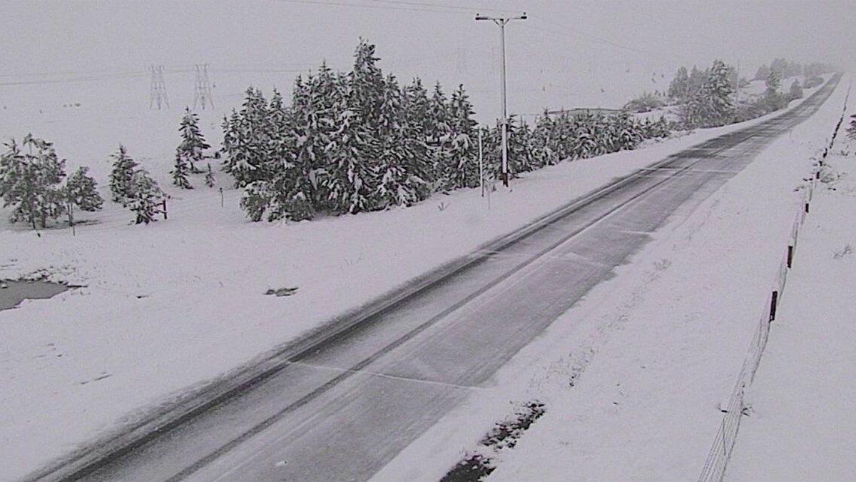 Snow falls along Interstate 15 near Elk Park, Montana on June 8, 2020.