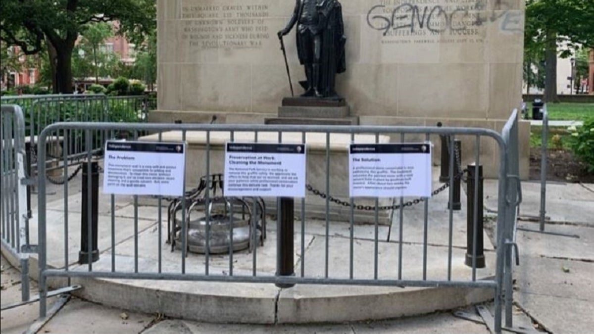 The Tomb of the Unknown Soldier of the American Revolution in Philadelphia was defaced last week with the phrase "Committed GENOCIDE" the agency said.