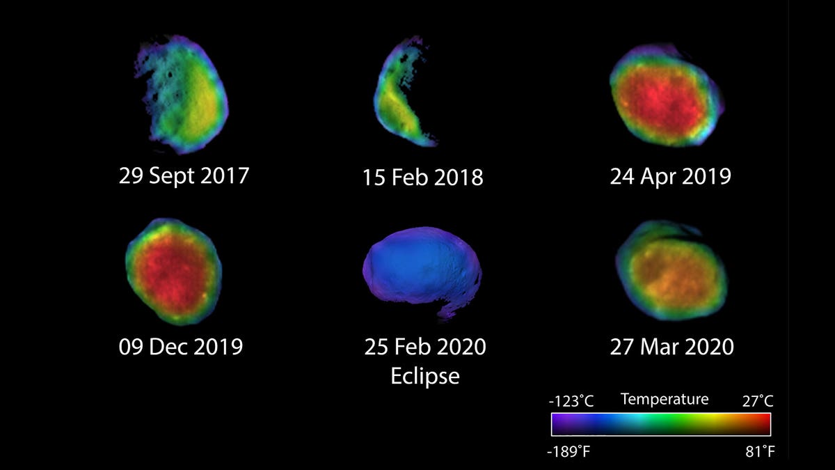 Six views of the Martian moon Phobos captured by NASA's Odyssey orbiter as of March 2020. The orbiter's THEMIS camera is used to measure temperature variations that suggest what kind of material the moon is made of. (Credit: NASA/JPL-Caltech/ASU/NAU)