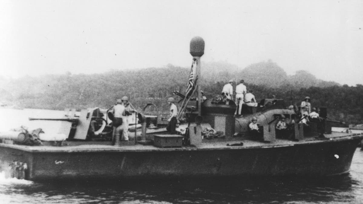 View of motor torpedo boat PT 59 during its World War II service in the Solomon Islands, early to mid 1940s. The boat was famously commanded by the-future US President John F. Kennedy as his second command after PT 109.