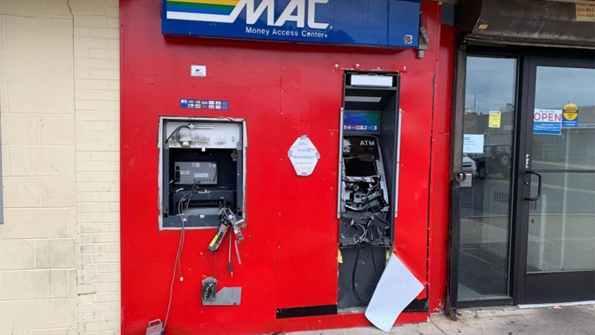 One of the damaged ATMs in Philadelphia. (Courtesy Laura Dawn Johnson/Twitter @LaurenDawnFox29)