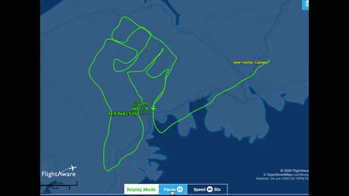 A Canadian pilot sent love from above by drawing a raised fist with his plane’s flight path to honor the late George Floyd and denounce racism.