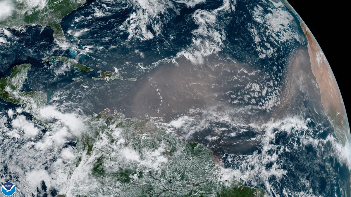 A large plume of Saharan dust is seen reaching the eastern Caribbean on June 21, 2020.