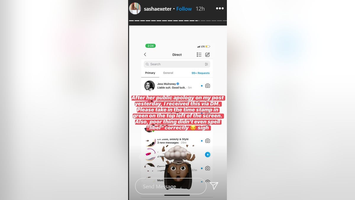 A screenshot of Sasha Exeter's Instagram messages seem to show a threat of a lawsuit from Jessica Mulroney.