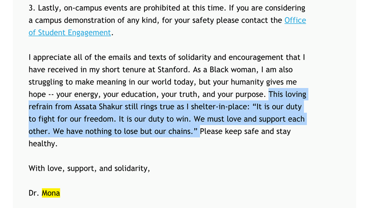 A screenshot of a June 1 email from Mona Hicks, Stanford University's senior associate vice provost and dean of students, to all students in the wake of George Floyd's death.