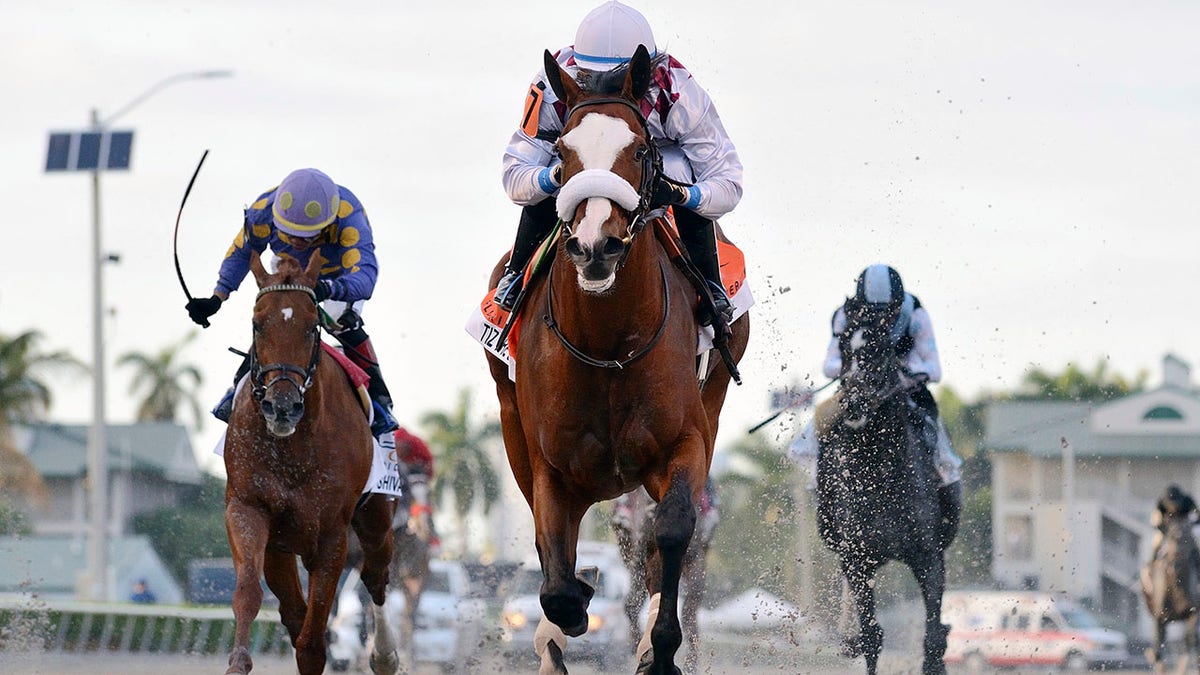 In this March 28, 2020, image provided by Gulfstream Park, Tiz the Law, ridden by Manuel Franco, foreground, runs in the Florida Derby horse race at Gulfstream Park in Hallandale Beach, Fla. (Ryan Thompson/Coglianese Photos, Gulfstream Park via AP)<br>