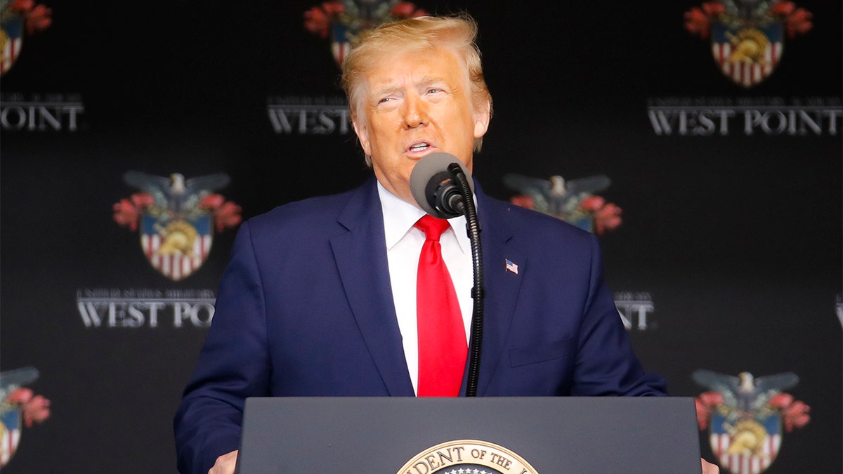 Former President Donald Trump speaks to U.S. Military Academy graduating cadets during commencement ceremonies, June 13, 2020, in West Point, N.Y. (Associated Press)