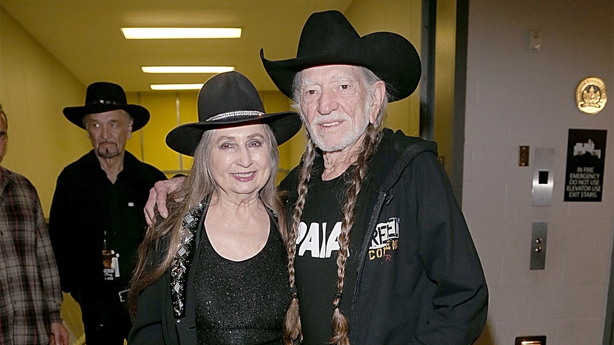 Bobbie Nelson and Willie Nelson pose backstage before their New Years Eve concert at ACL Live