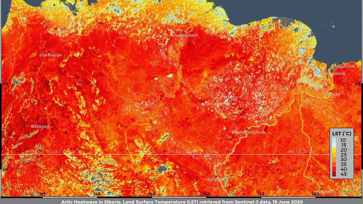This photo taken on June 19, and provided by ECMWF Copernicus Climate Change Service shows the land surface temperature in the Siberia region of Russia.