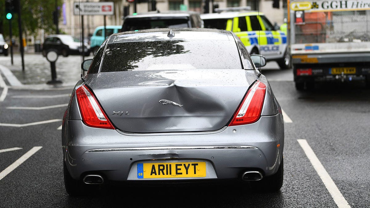 Damage to Britain's Prime Minister Boris Johnson's car after a man ran in front of it as it left the Houses of Parliament in London on Wednesday. The prime minister’s office confirmed Johnson was in the car and that there were no reports of any injuries. (Victoria Jones/PA via AP)