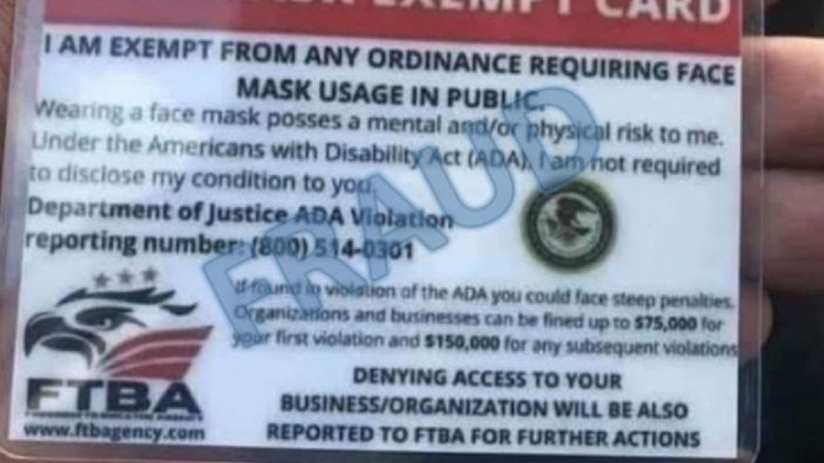 The Justice Department issued a warning about fraudulent postings, cards, or flyers online claiming to exempt people from wearing masks.