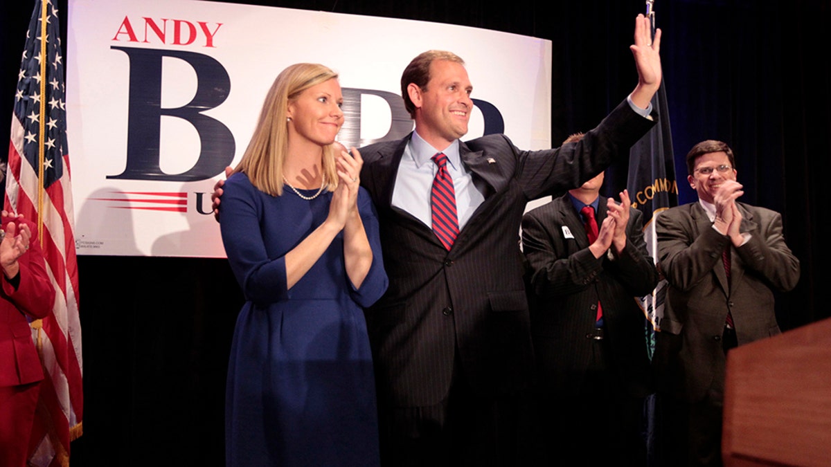 Republican Andy Barr, with wife Carol Barr, was congratulated by supporters after unseating Ben Chandler for Kentucky's 6th Congressional District in Lexington, Kentucky, on Tuesday, November 6, 2012. (Pablo Alcala/Lexington Herald-Leader/Tribune News Service via Getty Images)
