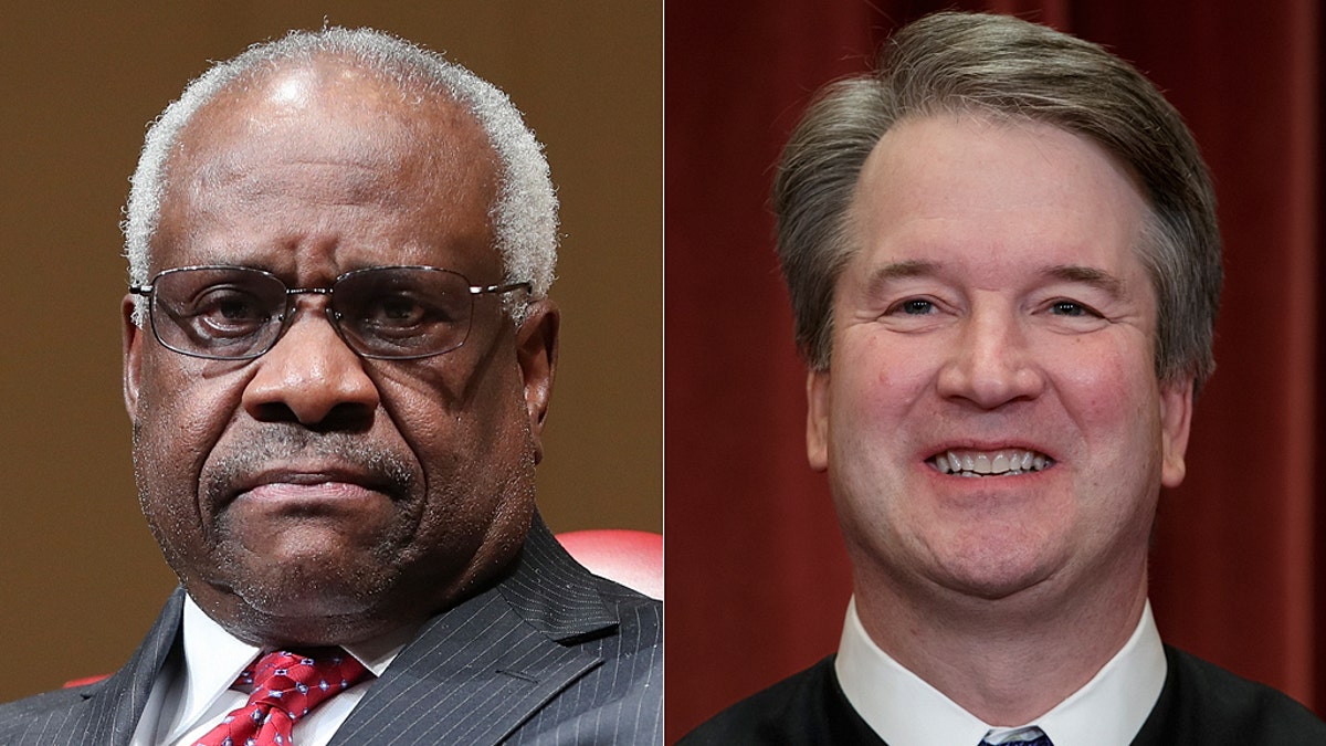 Supreme Court Justices Brett Kavanaugh and Clarence Thomas joined forces on a dissent Monday charging their Supreme Court colleagues with a "decade-long failure to protect the Second Amendment." (AP)