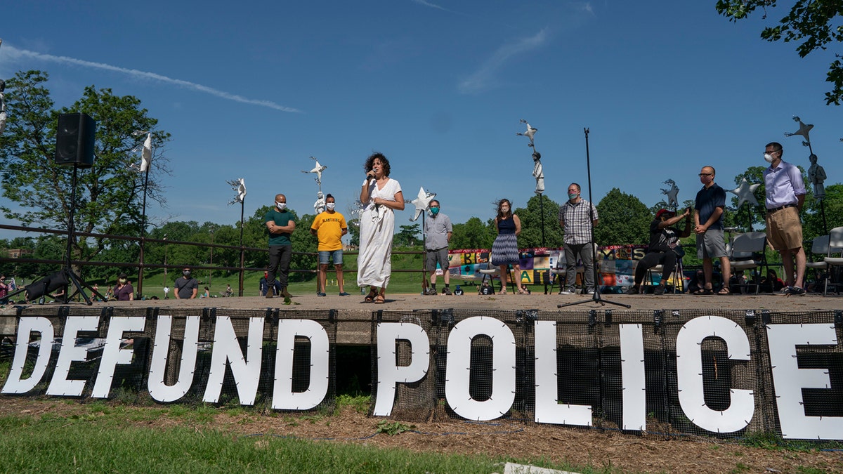 Alondra Cano, a City Council member, speaks during "The Path Forward" meeting at Powderhorn Park on Sunday, June 7, 2020, in Minneapolis. The focus of the meeting was the defunding of the Minneapolis Police Department.