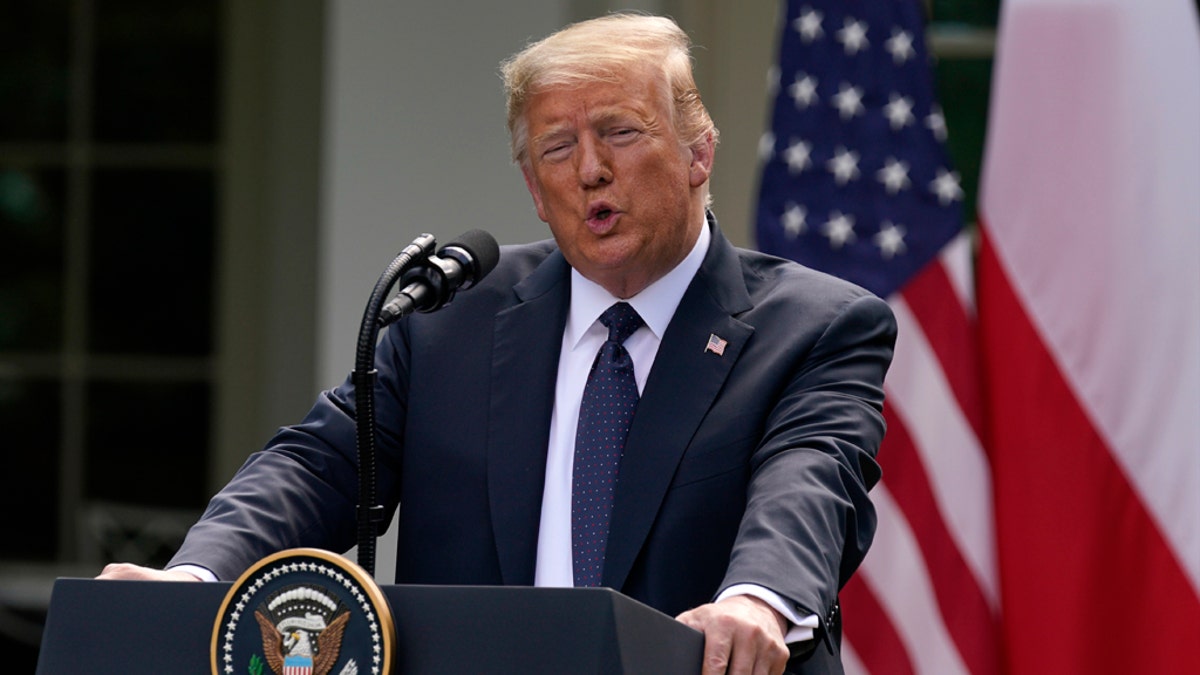 President Donald Trump speaks during a news conference with Polish President Andrzej Duda in the Rose Garden of the White House, Wednesday, June 24, 2020, in Washington. (AP Photo/Evan Vucci)