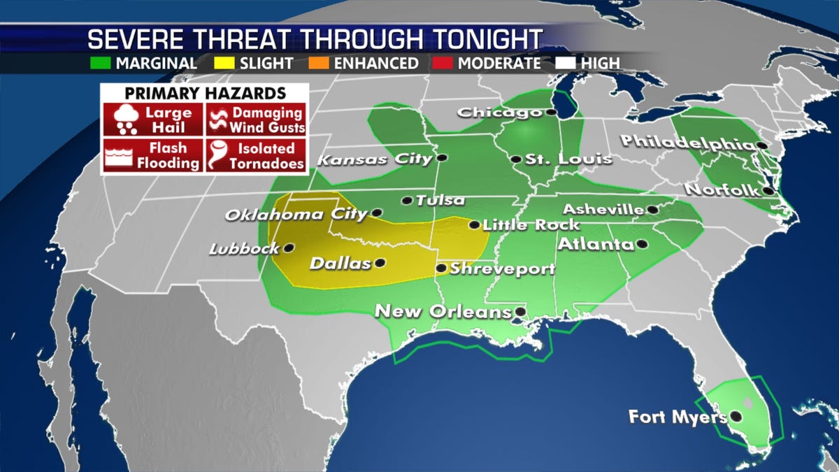 The greatest threat for severe weather on Monday will be across the Southern Plains. There are three areas of the country under the risk of severe weather on Monday.