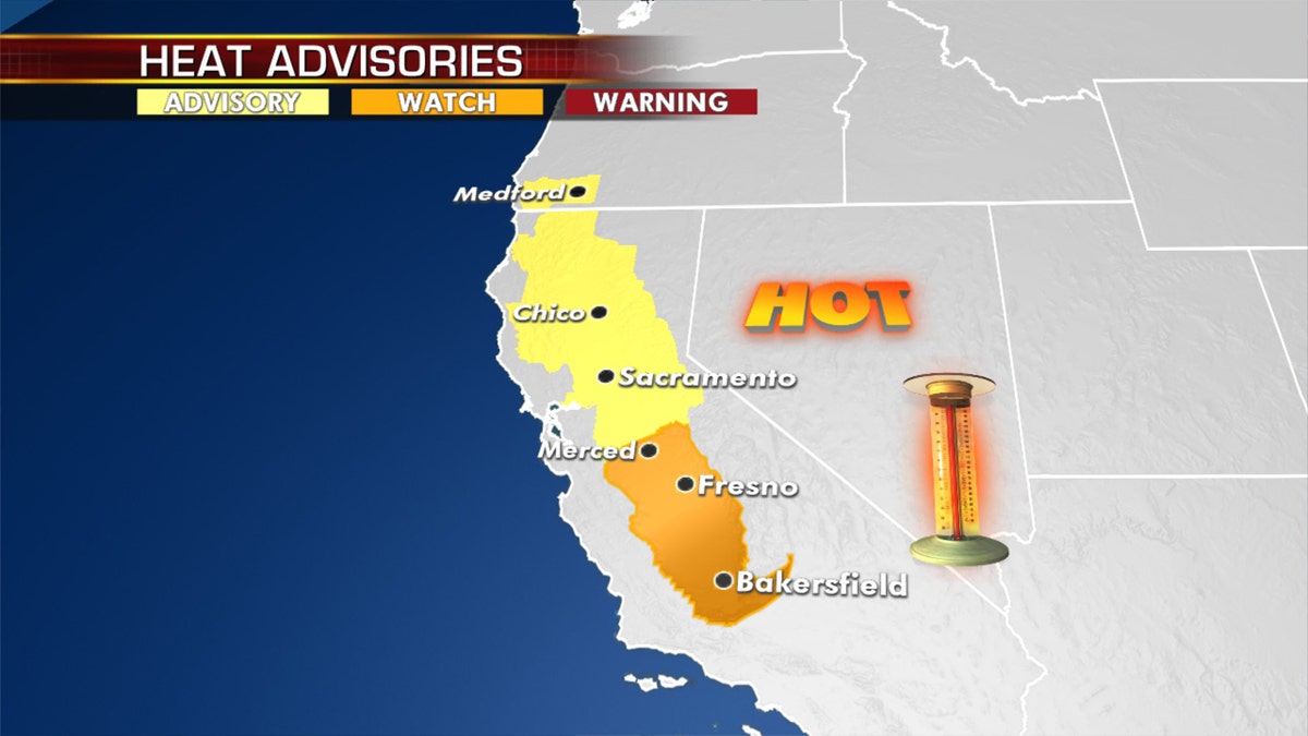 Heat advisories stretch through interior portions of California.