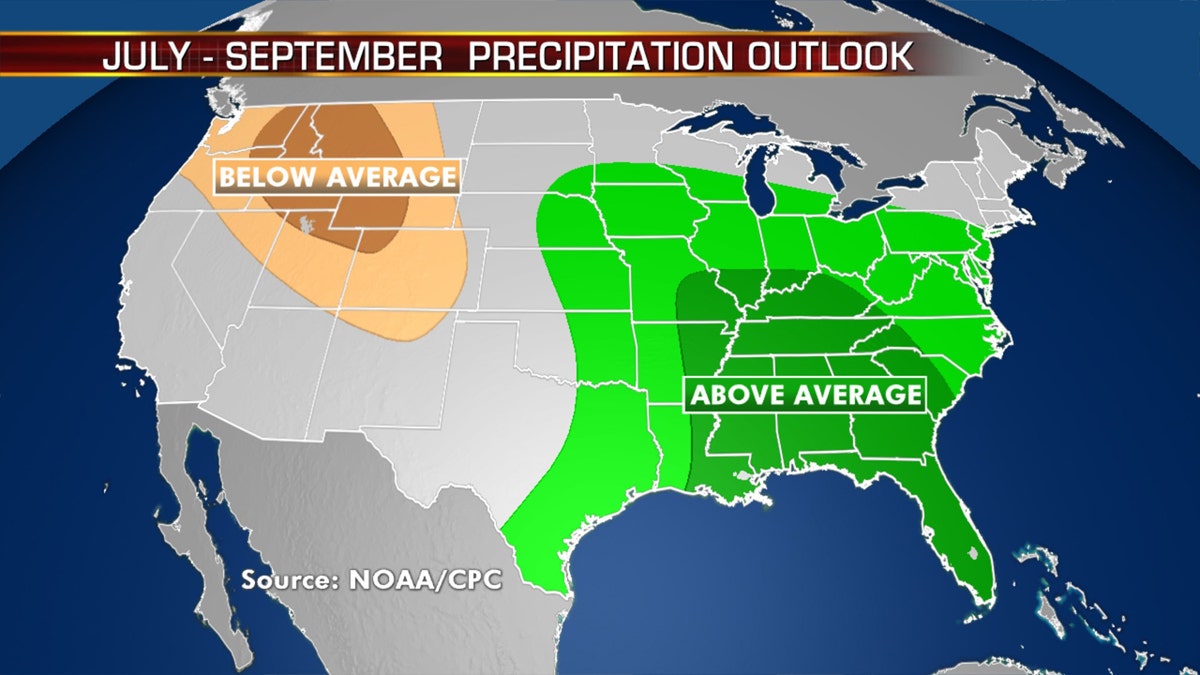 Above-normal precipitation is also forecast for the Midwest into the Southeast.