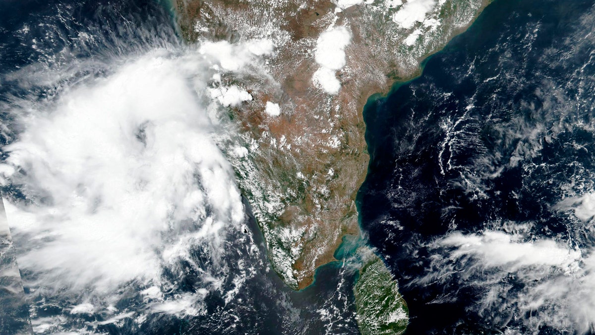 This May 31 satellite image released by NASA shows Cyclone Nisarga roaring toward the western coast of India.