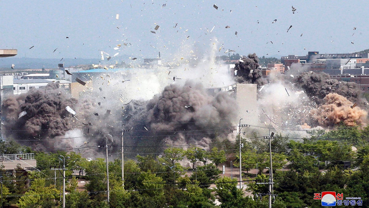 This photo provided by the North Korean government shows the explosion of an inter-Korean liaison office building in Kaesong, North Korea, Tuesday, June 16, 2020. South Korea says that North Korea has exploded the inter-Korean liaison office building just north of the tense Korean border. Independent journalists were not given access to cover the event depicted in this image distributed by the North Korean government. The content of this image is as provided and cannot be independently verified. (Korean Central News Agency/Korea News Service via AP)