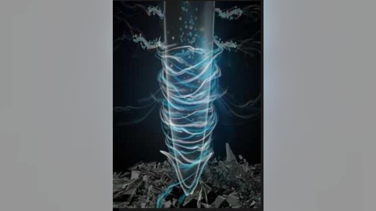 A graphic showing roots and root hairs absorbing nanoplastics. At the bottom are pieces of plastic waste.