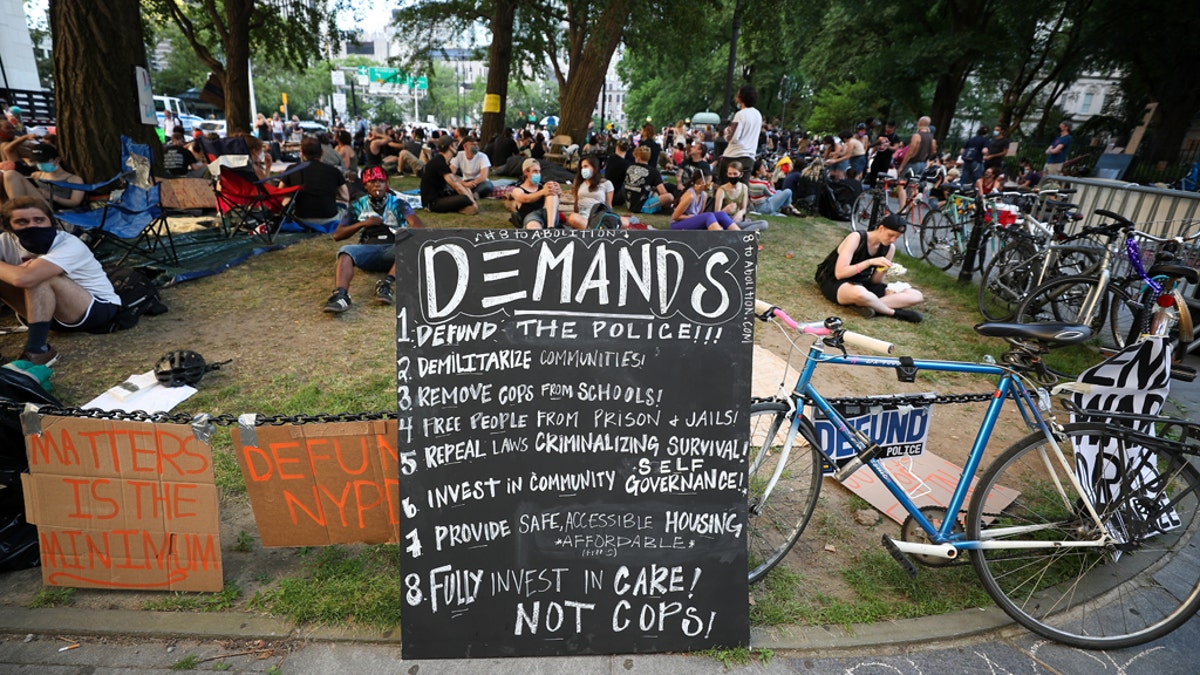 NEW YORK, USA - JUNE 24: A group of Black Lives Matter protestors congregate at City Hall across from One Police Plaza as part of the "Defund NYPD" and "Occupy City Hall" movement after spending the night on June 24, 2020 in New York City, United States. (Photo by Tayfun Coskun/Anadolu Agency via Getty Images)